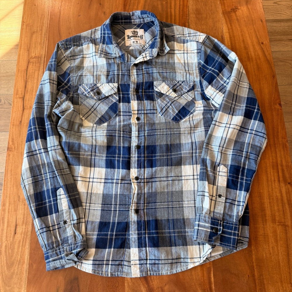 Roebuck & Co Men's Blue/White Plaid Pearl Snap Long Sleeve Shirt Size M